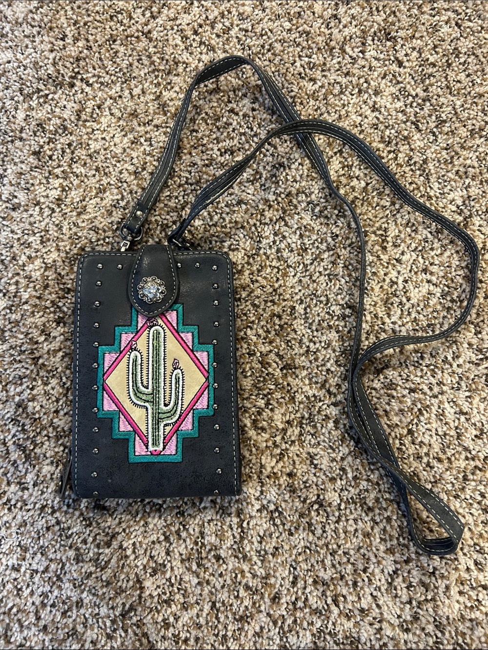 Black Crossbody Phone Wallet with Colorful Cactus Embroidery